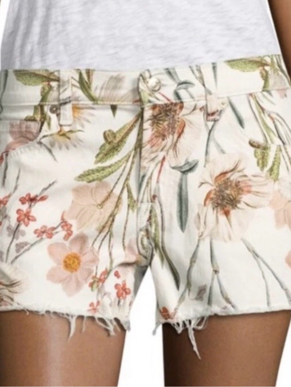 7 For All Mankind| Cream, Pink & Sage Floral Frayed-Hem Denim Jean Shorts Sz 29